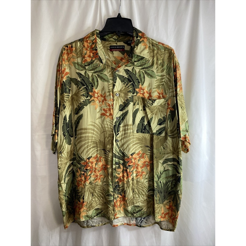 John Henry Button Front Shirt Men L Green Orange Excellent Tropical Floral Rayon